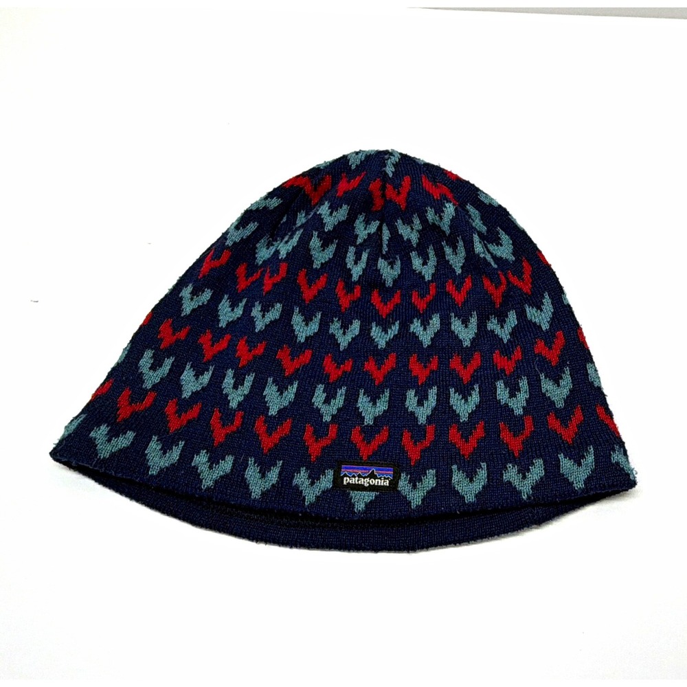 Patagonia Beanie Knit Hat Geometric Navy/Red/Teal Lined Kids Size S, Fall Winter